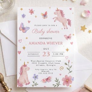 Invitation Baby Shower Licorne Magique à l'Aquarelle Rose