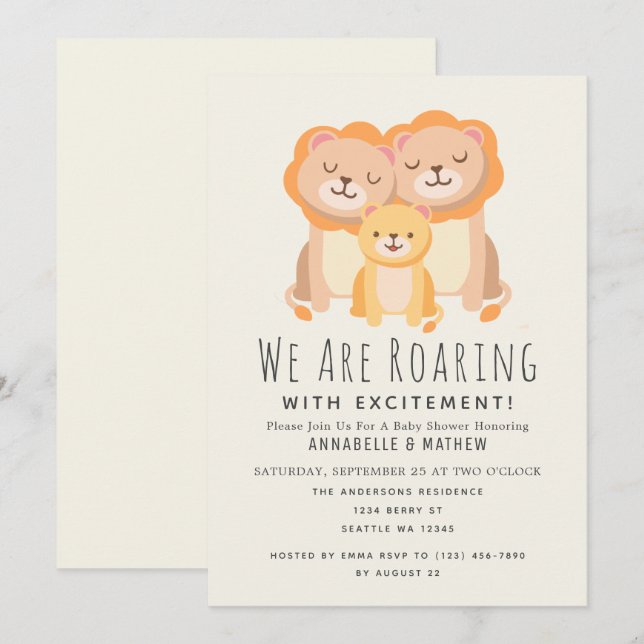 Invitation Baby shower Lion Roaring Excitations 2 papas (Devant / Derrière)