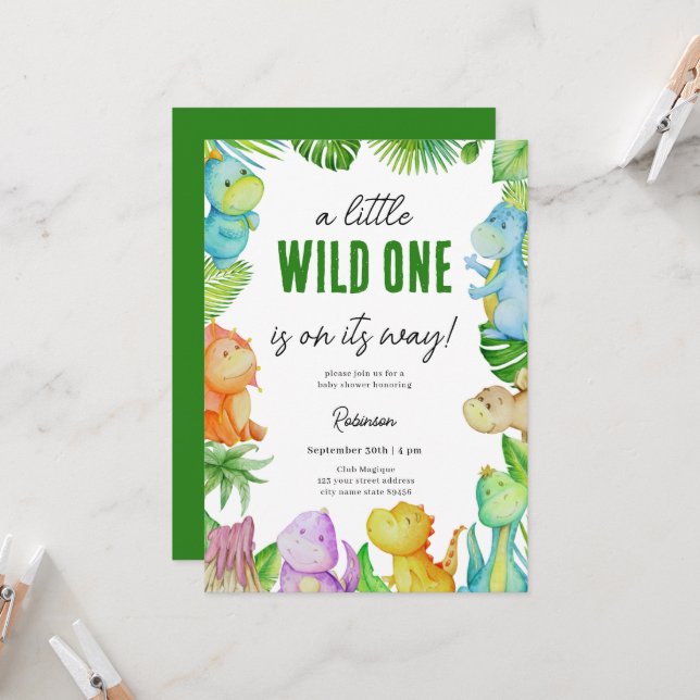 Invitation Baby shower Little Dino (Devant/Arrière en situation)