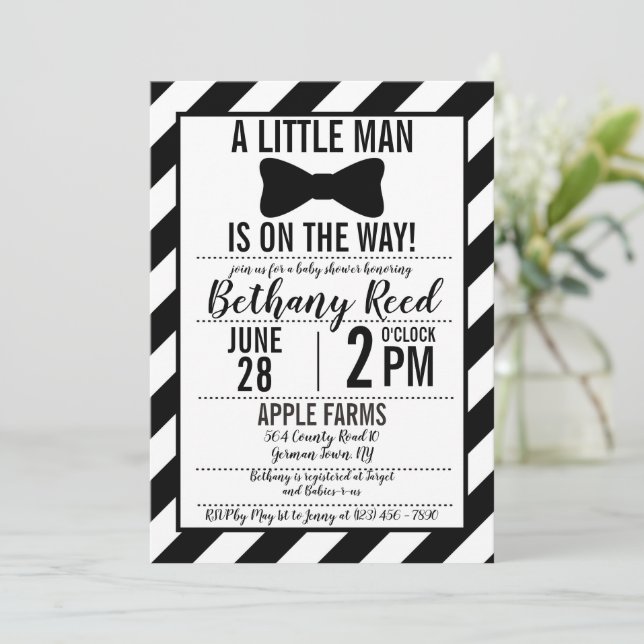 Invitation Baby shower Little Man Bowtie (Debout devant)