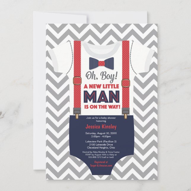 Invitation Baby shower Little Man Boy, bleu marine et rouge (Devant)