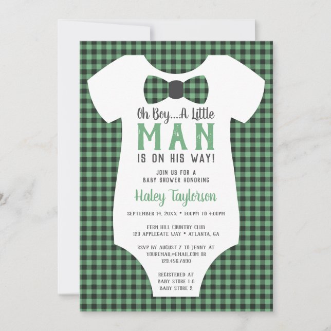 Invitation Baby shower Little Man, Buffalo Plaid (Devant)
