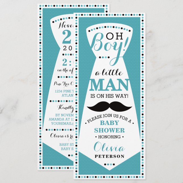 Invitation Baby shower Little Man, Cravate, Turquo (Devant / Derrière)