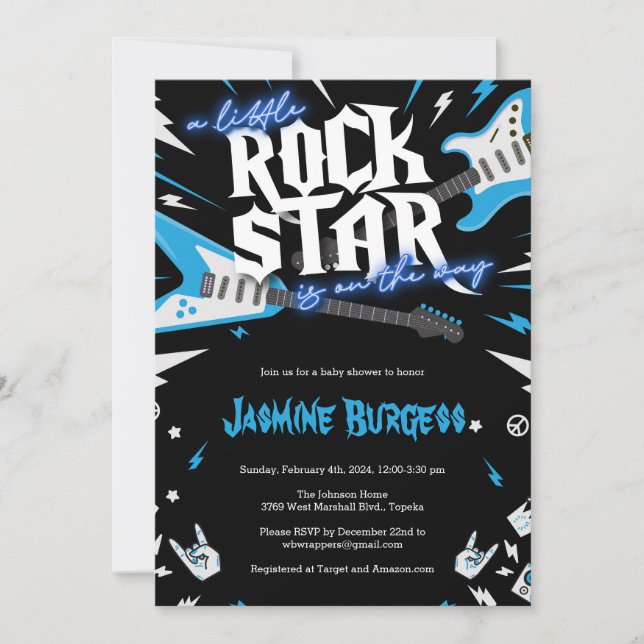 Invitation Baby shower Little Rockstar, Guitare (Devant)