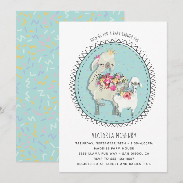 Invitation Baby shower Llama Mamma dessinée à la m (Devant / Derrière)