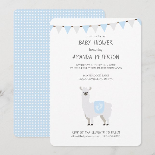 Invitation Baby shower Llama neutre et blanc bleu et blanc (Devant / Derrière)
