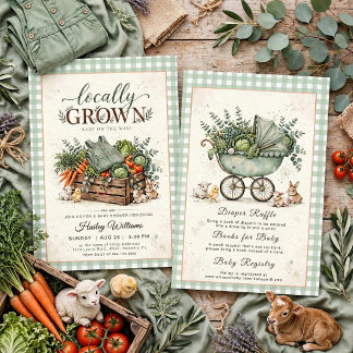 Invitation Baby-Shower Local avec du Vichy Vert Sauge