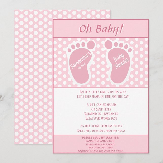 Invitation Baby shower longue distance Baby Gir Pied bébé Imp (Devant / Derrière)