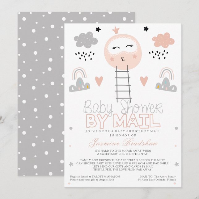 Invitation Baby shower longue distance vers la Lune (Devant / Derrière)