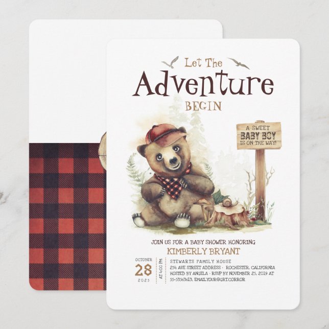Invitation Baby shower Lumberjack Woodland Little Bear Cub (Devant / Derrière)
