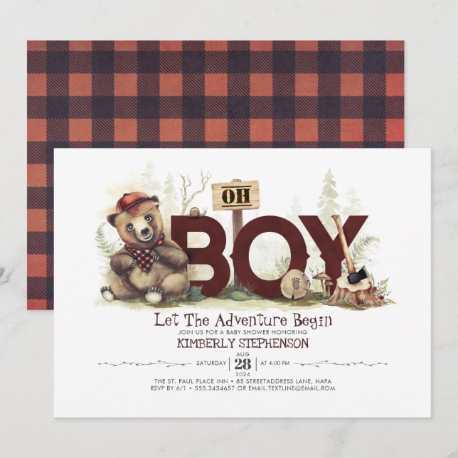 Invitation Baby shower Lumberjack Woodland Little Bear Cub (Devant / Derrière)