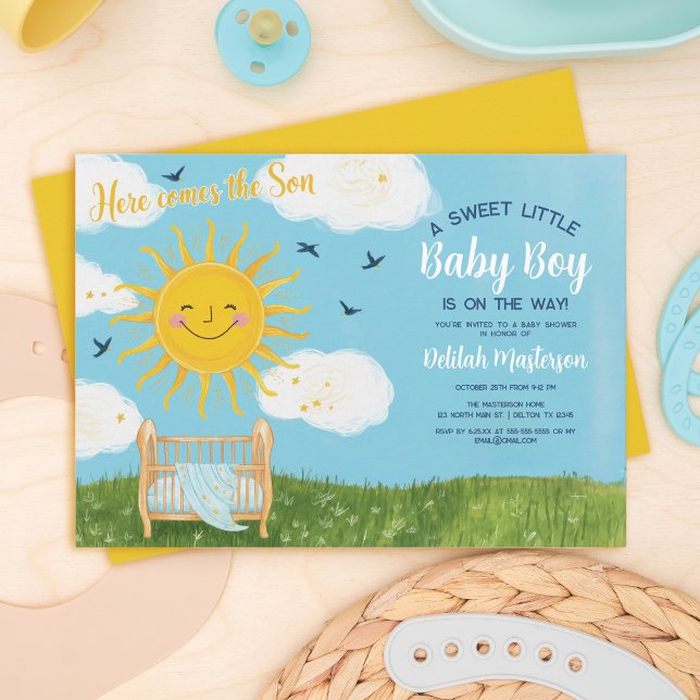 Invitation Baby shower lumineux et ludique "Voici le fils" (Créateur téléchargé)