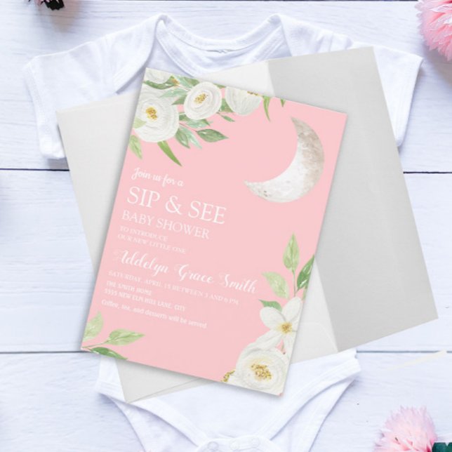 Invitation Baby shower Lune Blanc Floral Rose Sieste Voir (Créateur téléchargé)