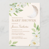 Baby Shower Lune Blanche Florale Feuilles Vertes