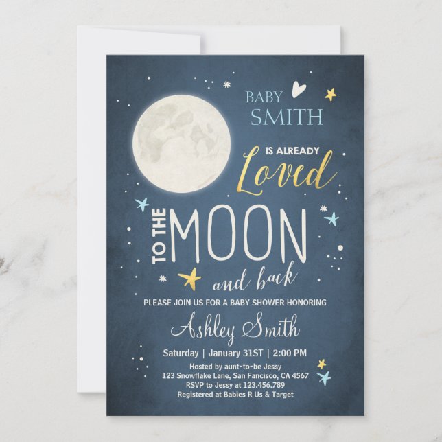 Invitation Baby shower Lune et Stars Boy Baby shower bleu (Devant)