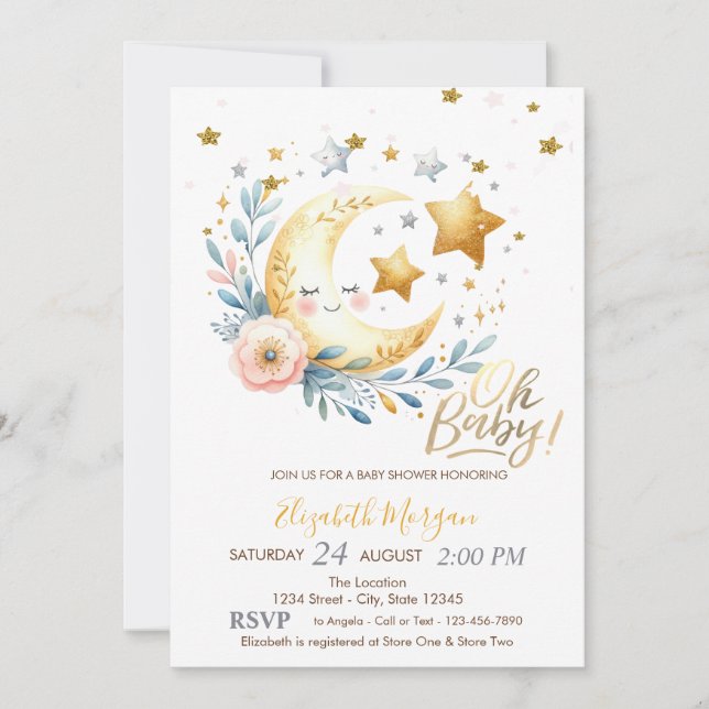 Invitation Baby shower Lune Flower Stars (Devant)