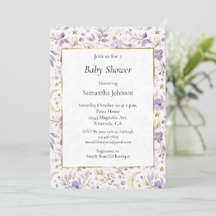 Invitation Baby Shower Lunes Estrellas y Flores Purpura