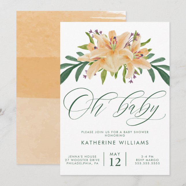 Invitation Baby shower | Lys d'aquarelle orange (Devant / Derrière)