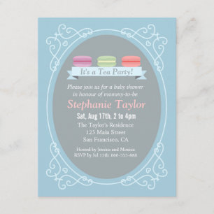 Invitation Baby Shower Macarons Thème Fête à Thé, Bleu et Gri