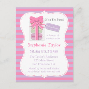 Invitation Baby Shower Macarons Thème Tea Party, Rose et Viol