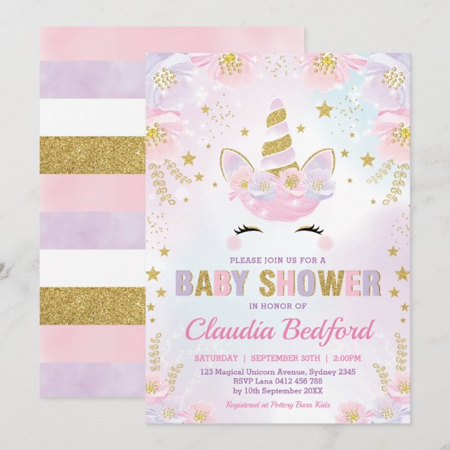 Invitation Baby shower magique de licorne/rose en pastel (Devant / Derrière)