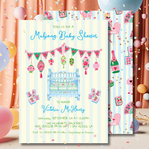 Invitation Baby Shower Mahjong Bleu pour Garçon