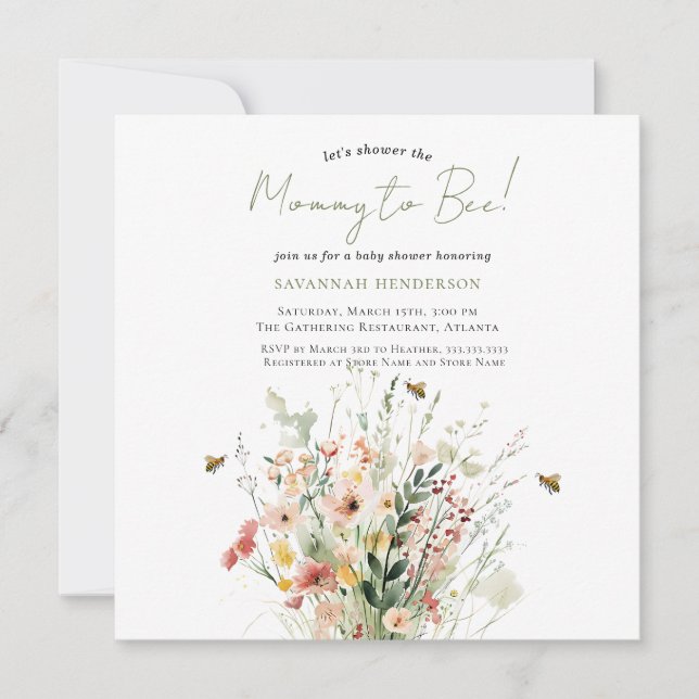 Invitation Baby Shower Maman abeille à venir Fleur sauvage aq (Devant)
