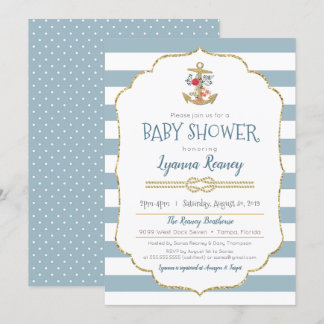 Invitation Baby shower marin Ancre florale Bleu de la marine