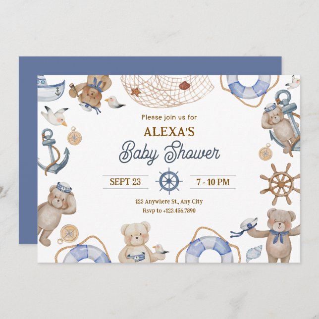 Invitation Baby shower marin Blue Cute (Devant / Derrière)