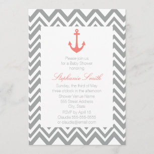 Invitation Baby shower marin gris Chevron et corail rose