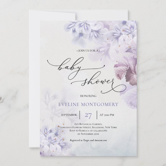 Invitation Baby shower marron bleu foncé de fleurs pourpres p (Devant)