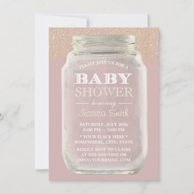Invitation Baby shower Mason Jar Gold Confetti Dusty rose (Devant)