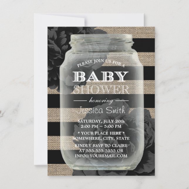 Invitation Baby shower Mason Jar Rustic Burlap Stripes (Devant)