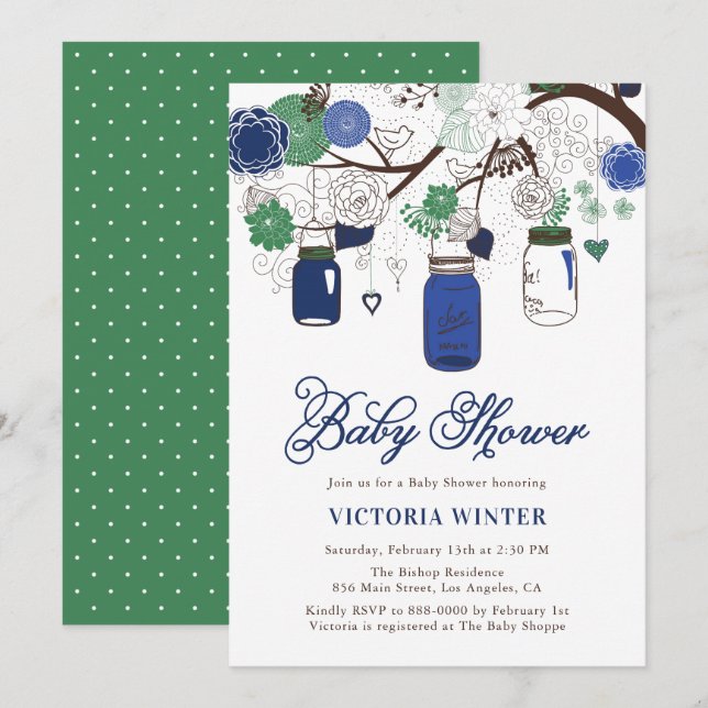 Invitation Baby shower Mason Jars à pendaison bleue et verte (Devant / Derrière)