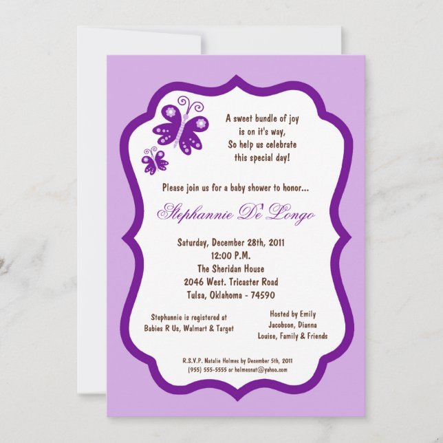 Invitation baby shower mauve-clair du papillon 5x7 (Devant)
