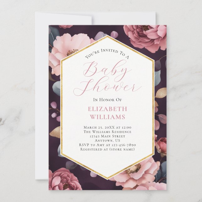 Invitation Baby shower Mauve Purple Pink Gold Peonies (Devant)