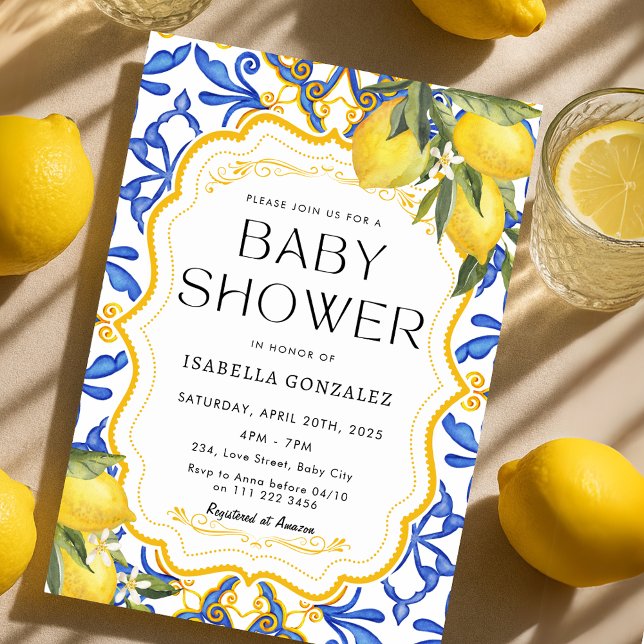 Invitation Baby shower méditerranéen aux citrons d'été (Summer Lemon Mediterranean Baby Shower Invitation)