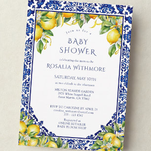 Invitation Baby Shower Méditerranéen Citron Carrelage Bleu