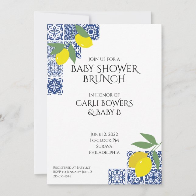 Invitation Baby shower méditerranéenne et citrons (Devant)