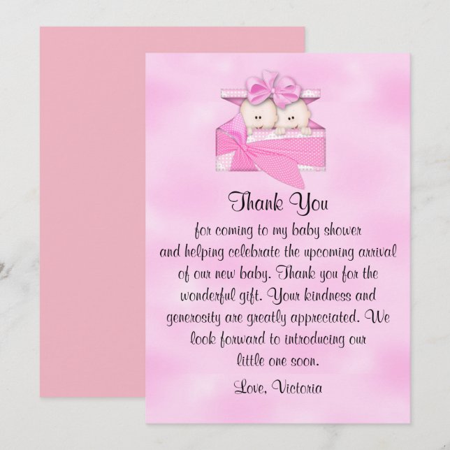 Invitation Baby shower Merci, les jumelles (Devant / Derrière)