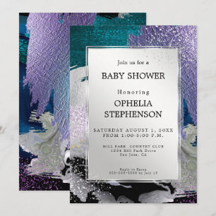 Invitation Baby shower   Métallic Argent Turquoise violet Abs