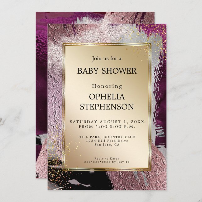 Invitation Baby shower | Métallic Gold Cassis Plum Abstrait (Devant / Derrière)