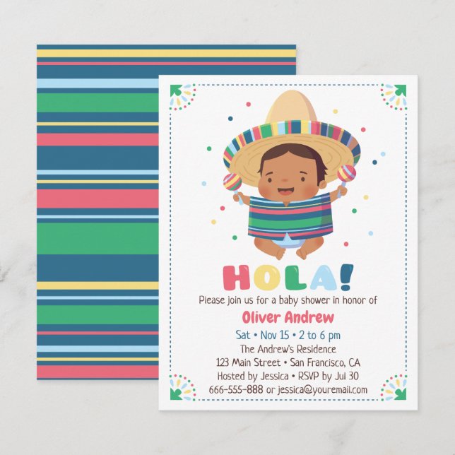Invitation Baby shower mexicain de fiesta de garçon de Hola (Devant / Derrière)