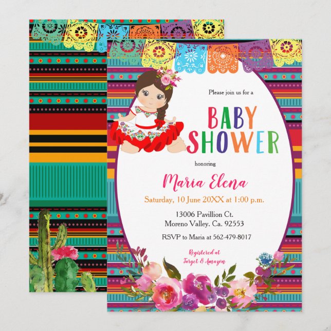 Invitation Baby shower mexicain de Fiesta Girl (Devant / Derrière)