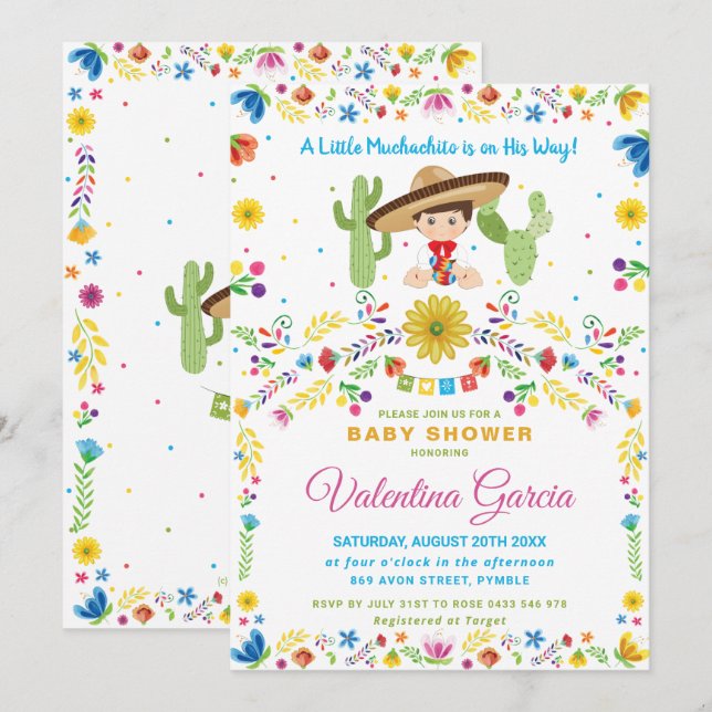 Invitation Baby shower Mexicain Fiesta Little Muchacho Boy À (Devant / Derrière)