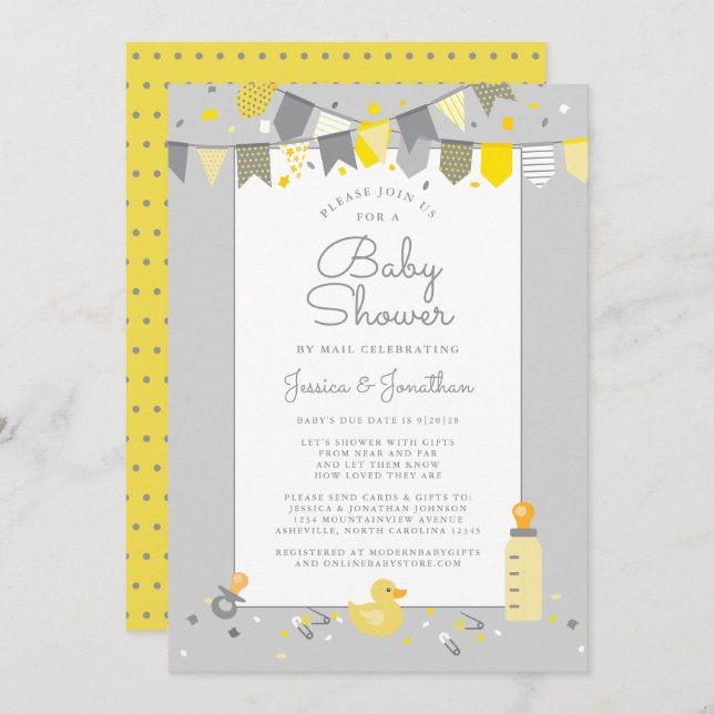 Invitation Baby shower Migné Par Mail Jaune Gris Moderne (Devant / Derrière)