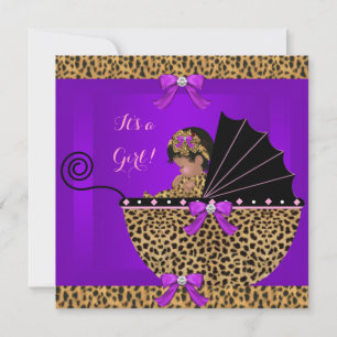 Invitation Baby shower mignon bébé fille léopard pourpre