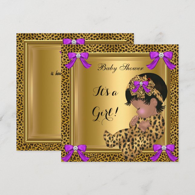 Invitation Baby shower mignon bébé fille léopard pourpre or 4 (Devant / Derrière)