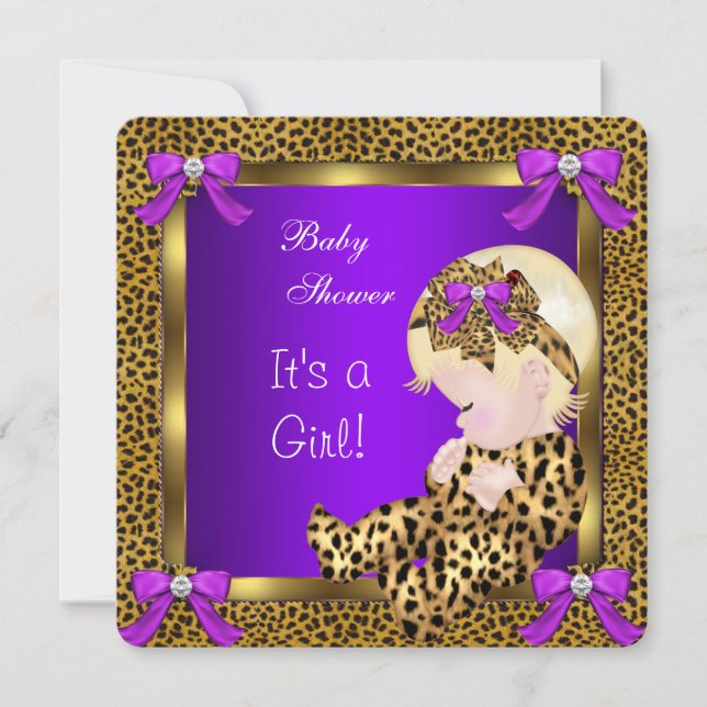 Invitation Baby shower mignon bébé fille léopard violet or 3 (Devant)