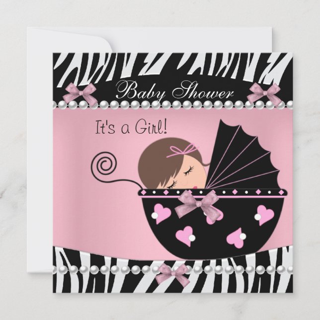 Invitation Baby shower mignon bébé fille rose Zèbre Imprimer (Devant)